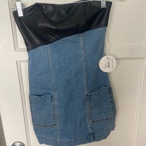 STAUD Blue Denim and Leather Mini Dress